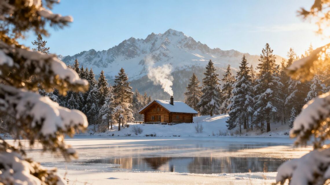 Snowy mountain cabin with frozen lake in winter.