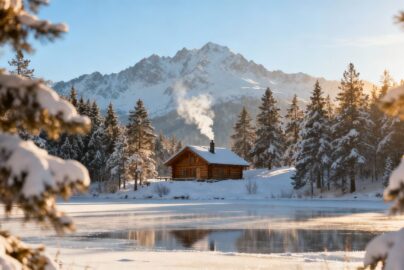 Snowy mountain cabin with frozen lake in winter.