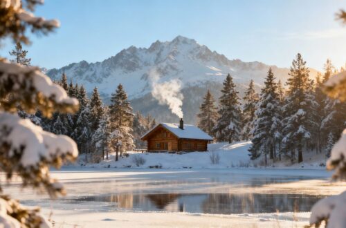Snowy mountain cabin with frozen lake in winter.
