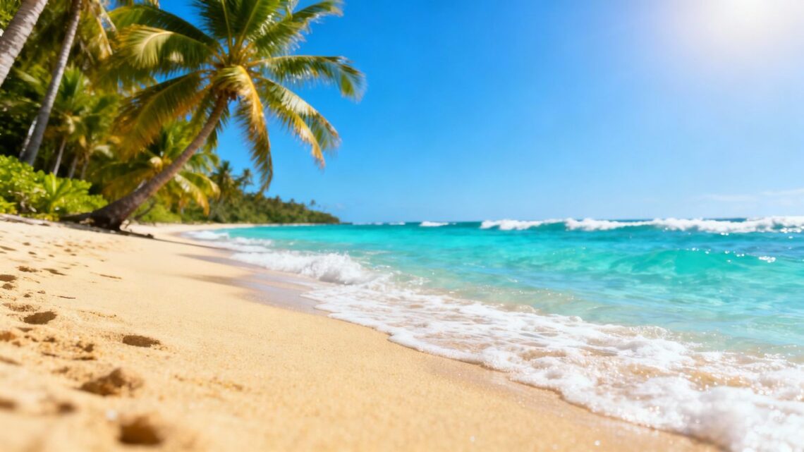 Tropical beach destination in November with palm trees and clear water.