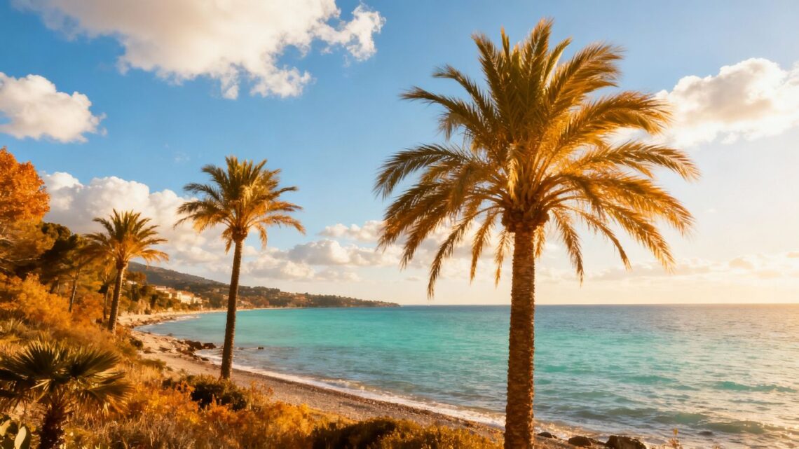 Sunny European coast with blue skies and calm water.
