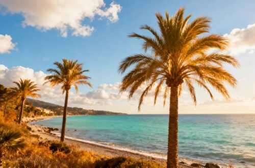 Sunny European coast with blue skies and calm water.