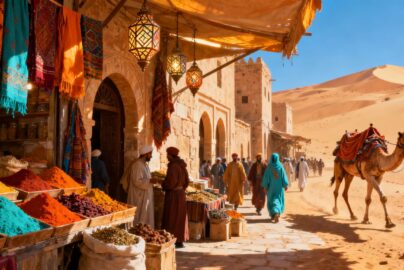 Colorful Moroccan marketplace and desert landscape with camels.