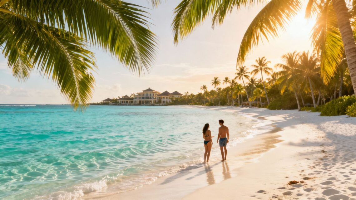 Tropical beach paradise with palm trees and clear blue water.