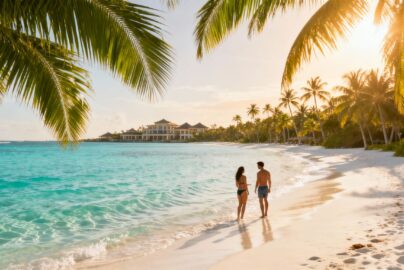 Tropical beach paradise with palm trees and clear blue water.