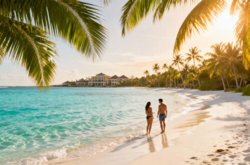 Tropical beach paradise with palm trees and clear blue water.