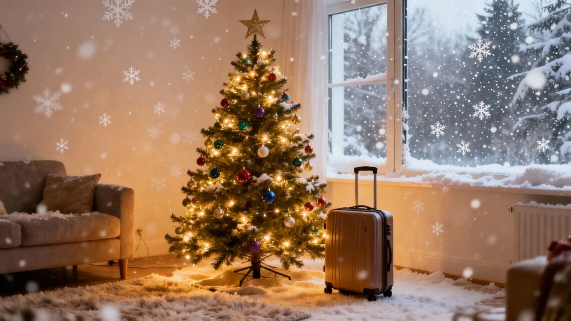 Christmas tree and suitcase, best time to book travel