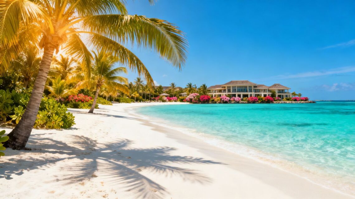 Tropical beach with palm trees and clear blue water.