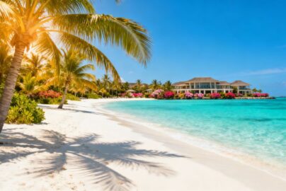 Tropical beach with palm trees and clear blue water.