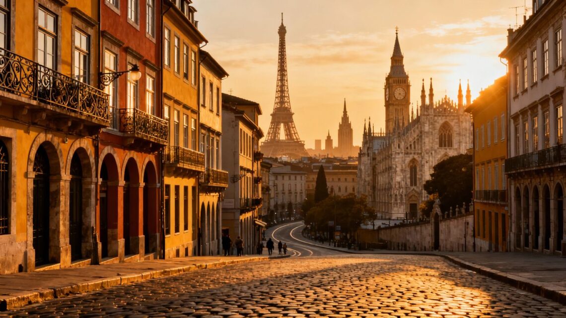 European city skyline at sunset with cobblestone streets.