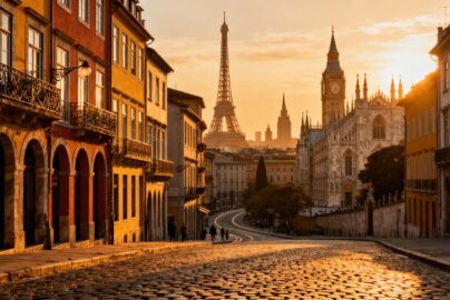 European city skyline at sunset with cobblestone streets.