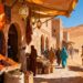 Colorful Moroccan marketplace and desert landscape with camels.