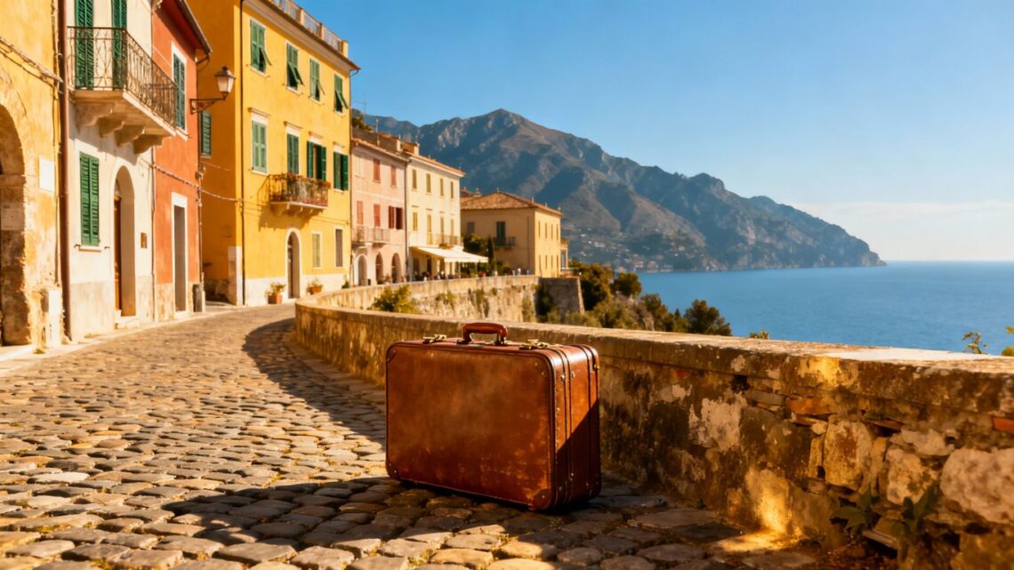 Affordable European cityscape with suitcase and scenic view.