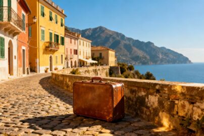 Affordable European cityscape with suitcase and scenic view.