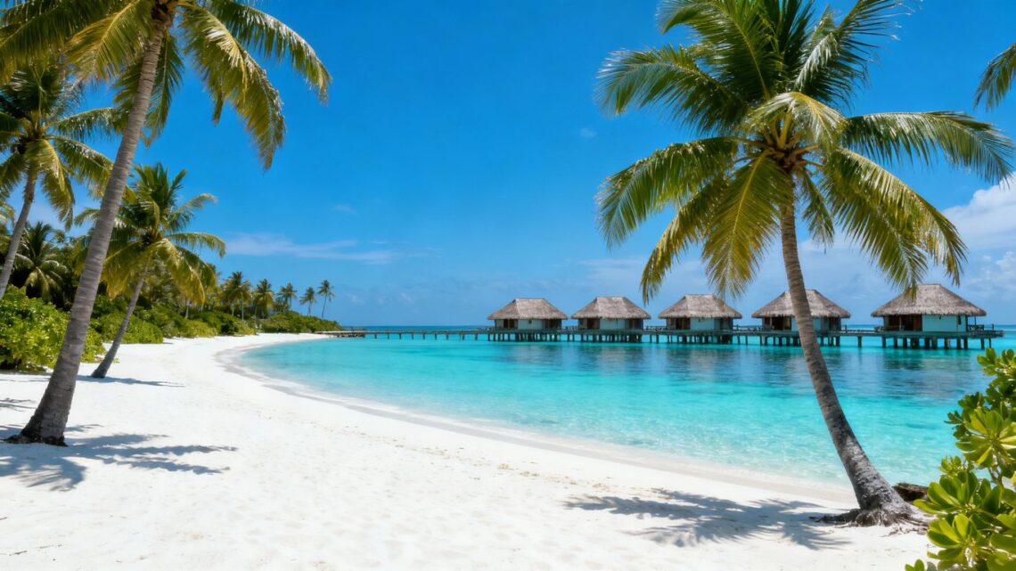 Maldives overwater bungalows and turquoise lagoon