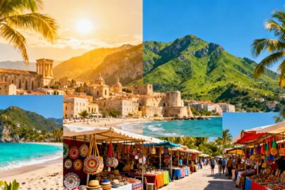 September travel destinations collage: beaches, cities, mountains.