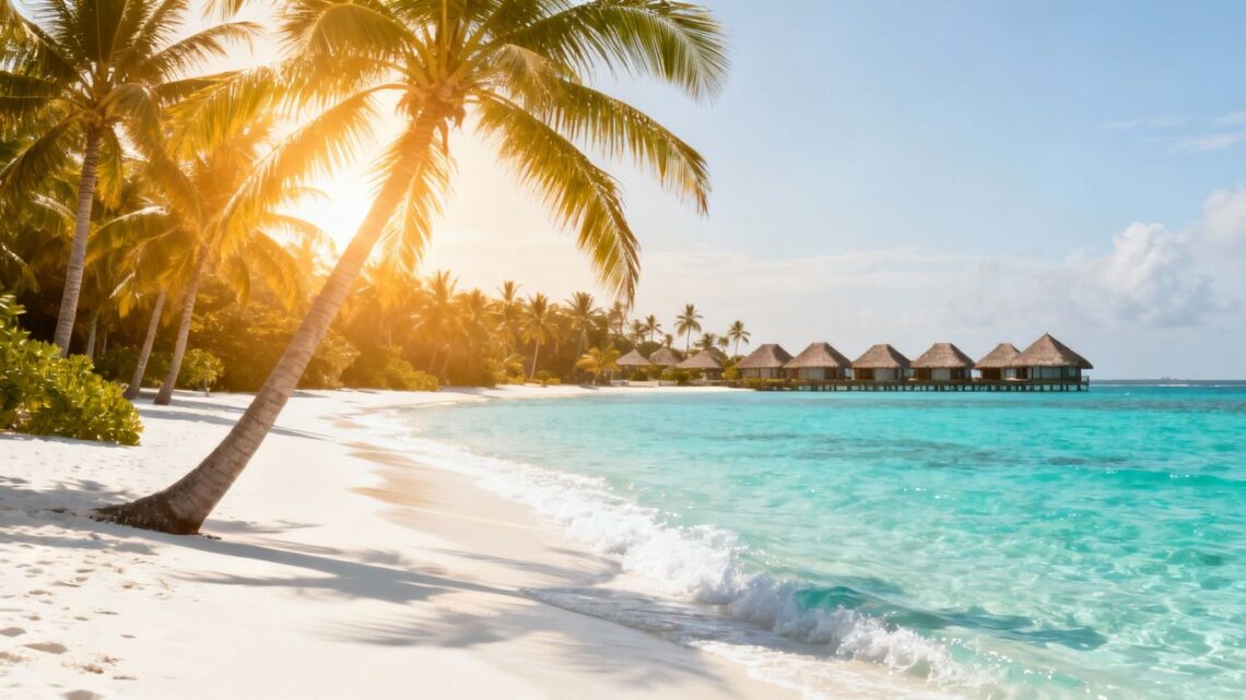 Tropical beach with palm trees and resort.