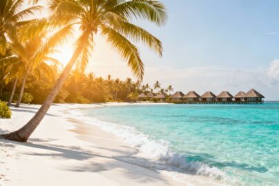 Tropical beach with palm trees and resort.