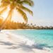 Tropical beach with palm trees and resort.
