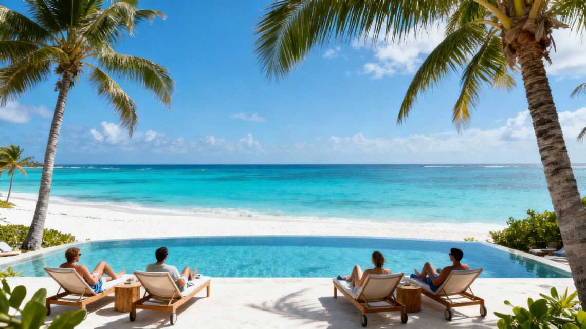 Cancun resort with beach, pool, and ocean view.
