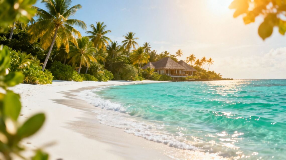 Tropical beach with palm trees and resort