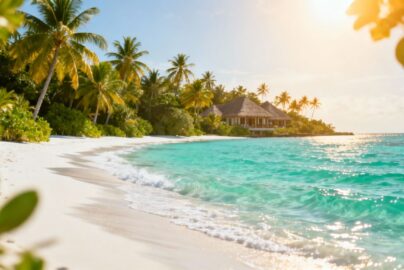 Tropical beach with palm trees and resort