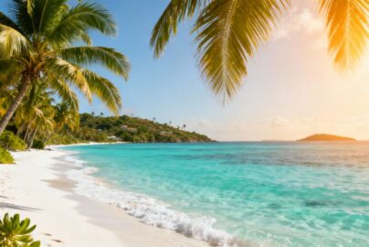 Tropical Caribbean island beach with palm trees and clear water.