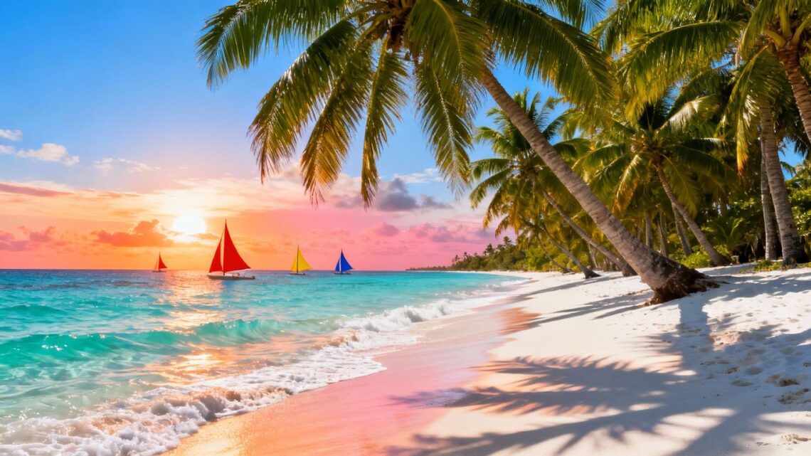 Sunny beach with palm trees and sailboats.
