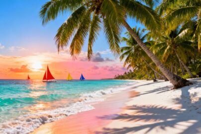 Sunny beach with palm trees and sailboats.