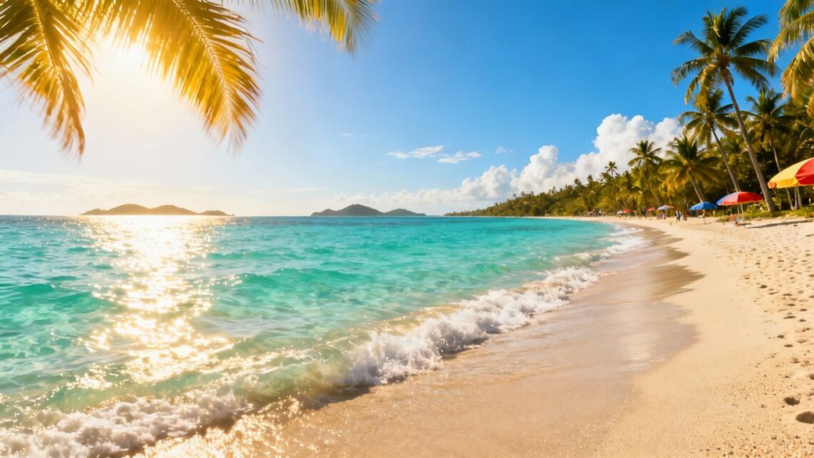 Sunny beach with palm trees and clear blue water.