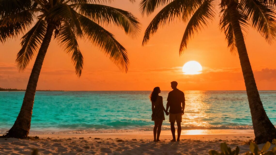 Tropical beach sunset with couple enjoying the view.