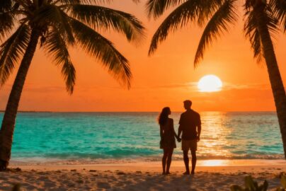 Tropical beach sunset with couple enjoying the view.