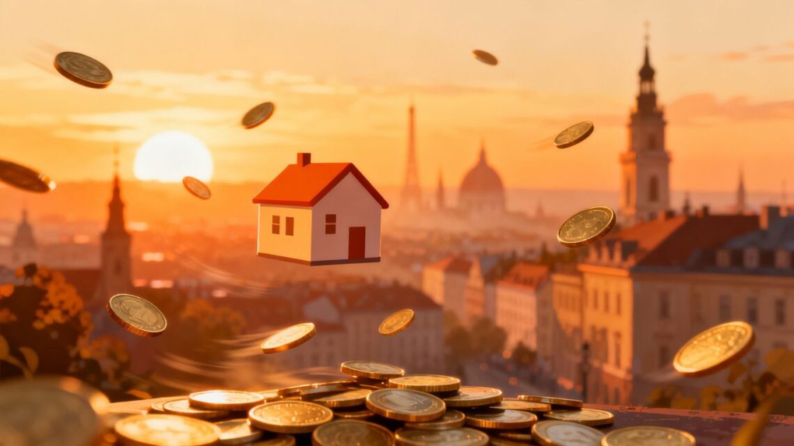 Affordable European cityscape with coins and a house.