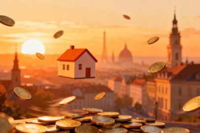 Affordable European cityscape with coins and a house.