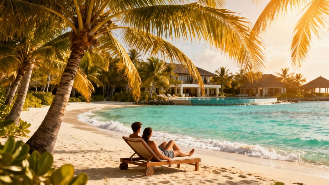 Couple relaxing on a tropical beach with resort.