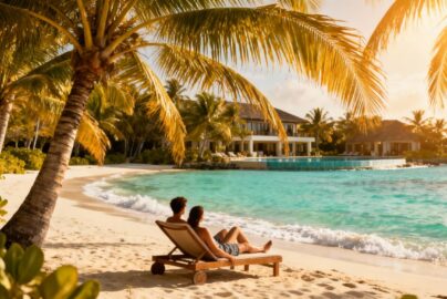 Couple relaxing on a tropical beach with resort.