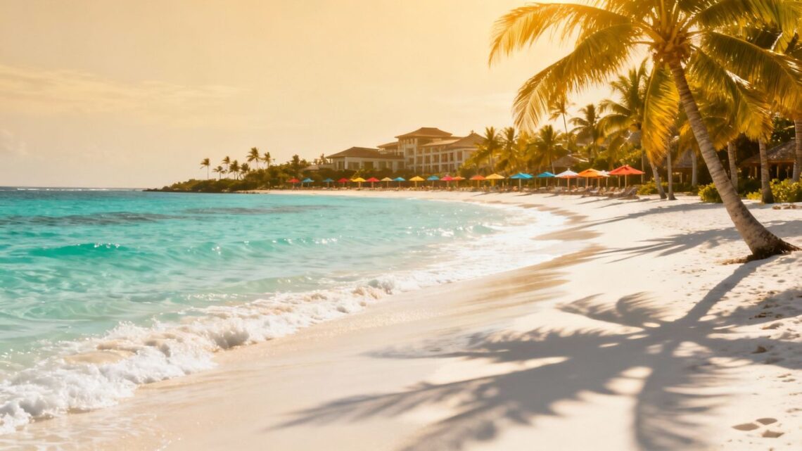 Tropical beach with palm trees and clear blue water.