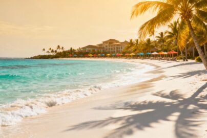 Tropical beach with palm trees and clear blue water.