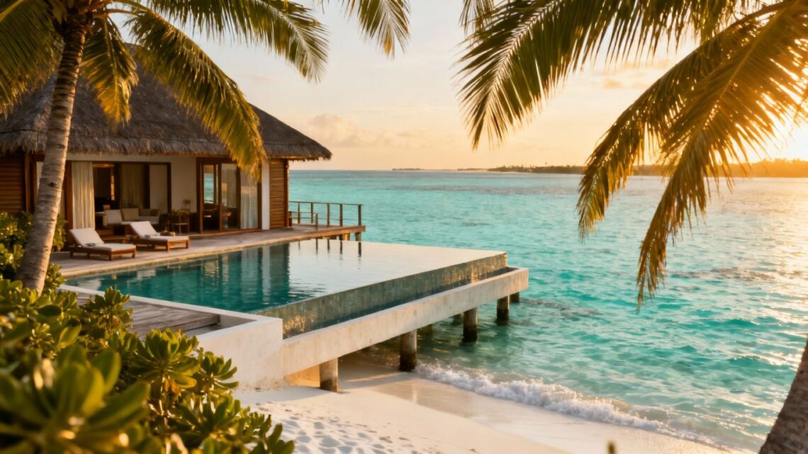 Maldives overwater bungalow with infinity pool and turquoise lagoon.