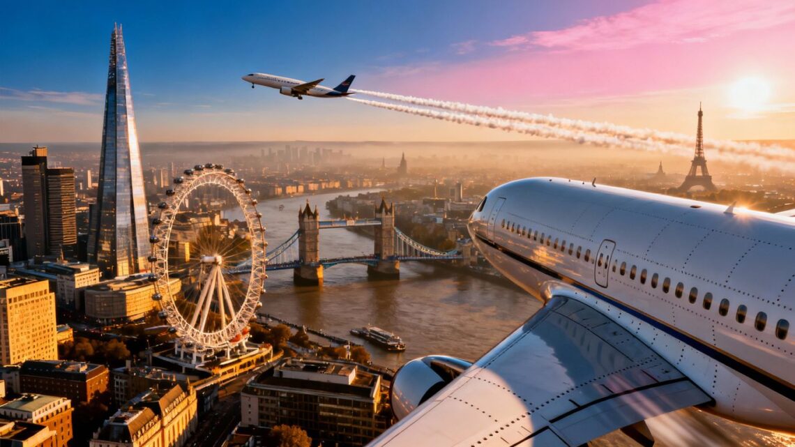 London skyline with airplane flying towards Europe.
