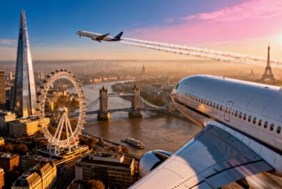 London skyline with airplane flying towards Europe.