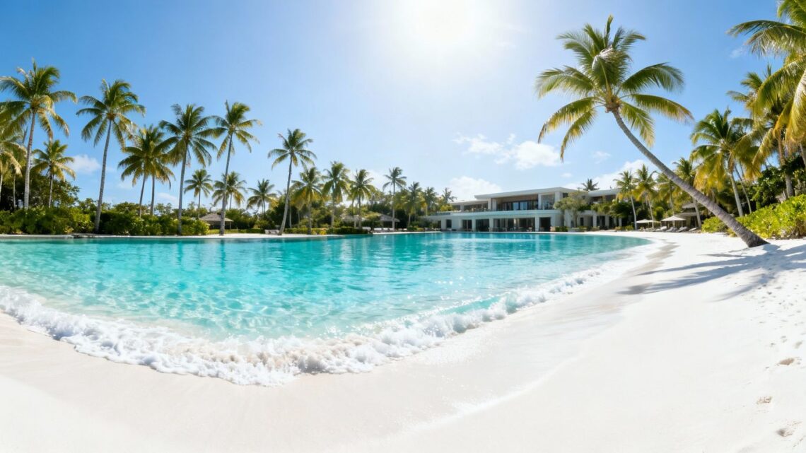 Beach resort with palm trees and clear blue water.