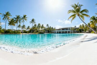 Beach resort with palm trees and clear blue water.