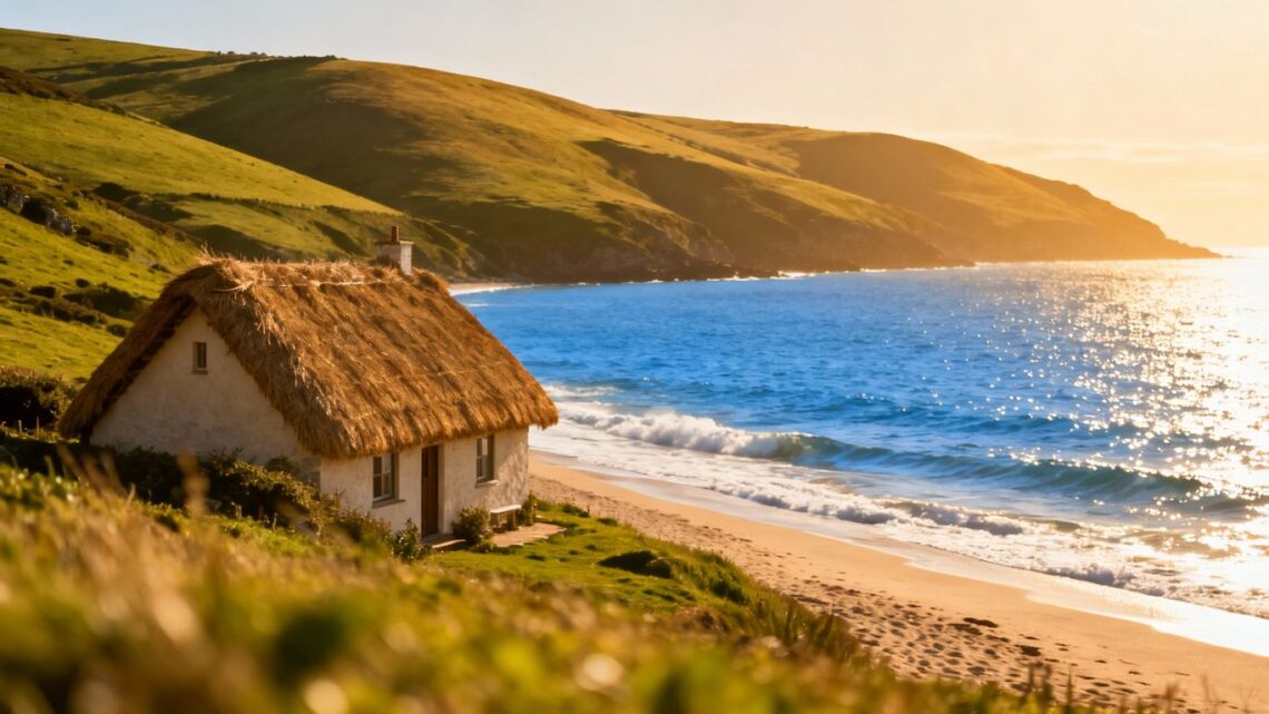 UK coastal village with green hills and blue sea.