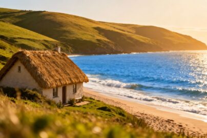 UK coastal village with green hills and blue sea.