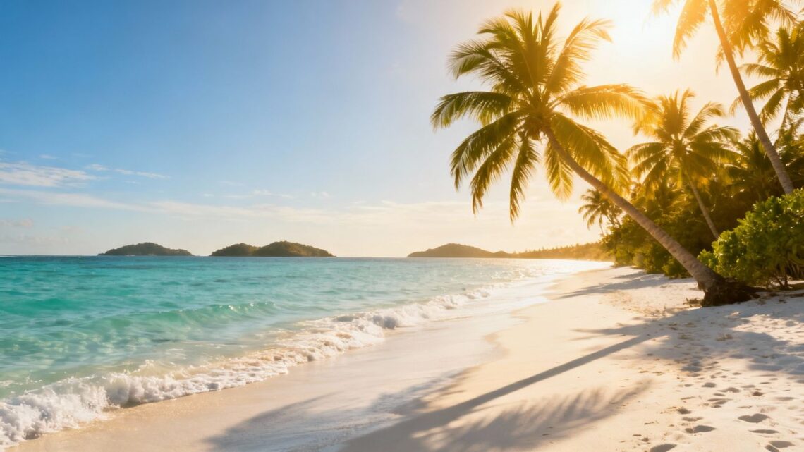 Tropical beach with palm trees and clear blue water.