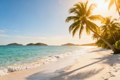 Tropical beach with palm trees and clear blue water.