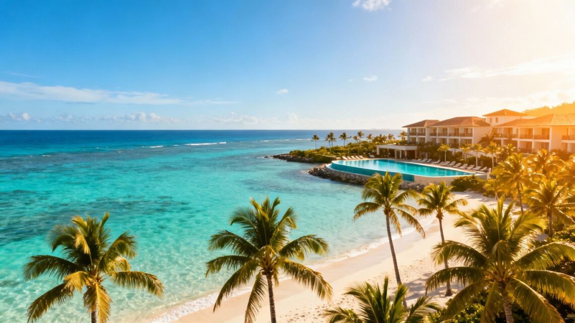 Tropical beach with resort for September holidays