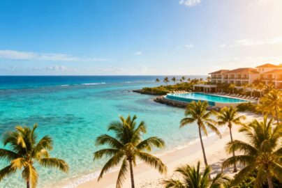 Tropical beach with resort for September holidays