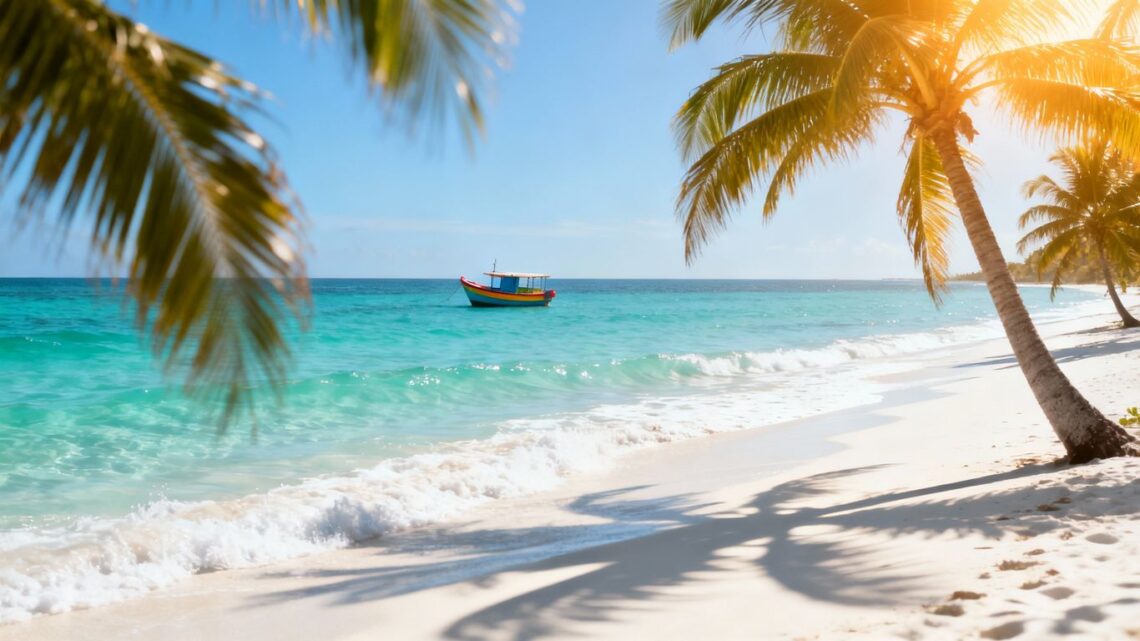 Sunny beach with turquoise water and palm trees.